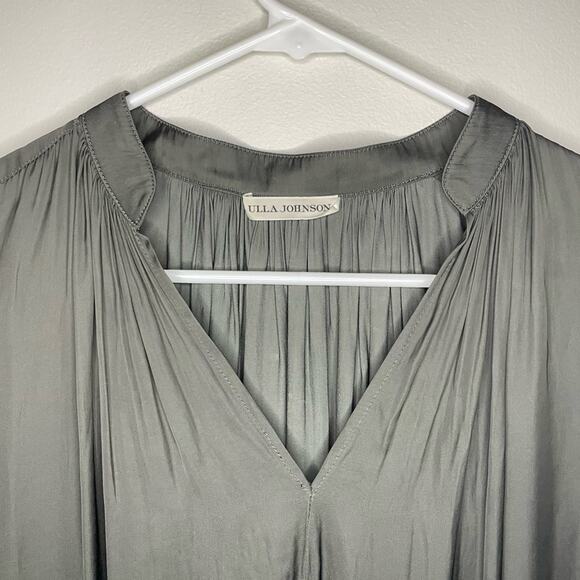 Ulla Johnson Grey Ivory Satin Drape Long Sleeve Split Neck Dress Size 4 - Picture 4 of 8